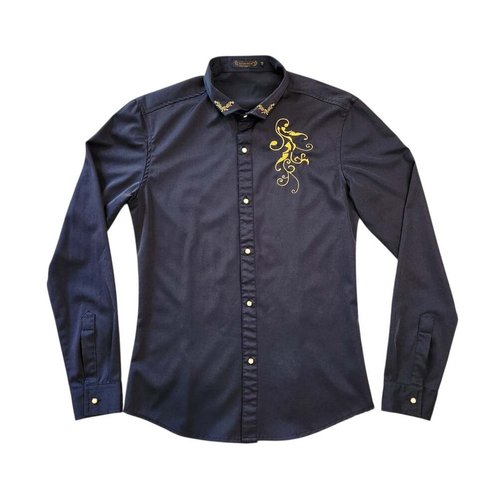 Old Flag Dragon gentleman's shirt dark blue gold embroidery size M